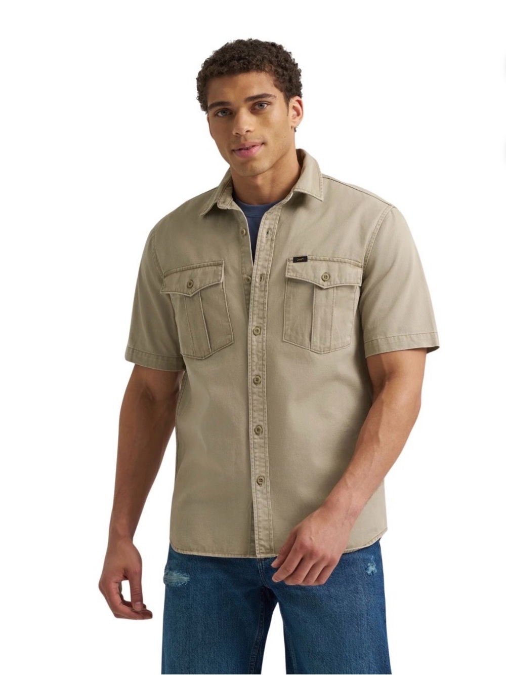 Lee Men's Short Sleeve Button-Down Shirt in Khaki Size L